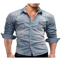 Men's T Shirts Mens Spring Autumn Denim Shirt T-shirts Long Sleeve Button-Down Vintage Fashion Snap Up Tops Casual Cowboy Tee 327e