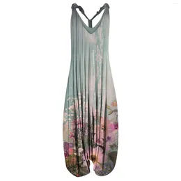 Casual Dresses Women'S Cute Retro Floral Print Overalls Loose Large Size Sleeveless Strappy Jumpsuit Elegant For Women