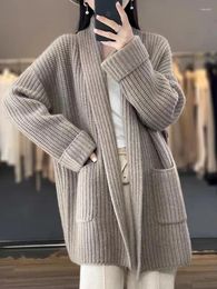 Women's Knits Women Clothing Cashmere Cardigan Middle Length Tops V-neck Woolen Sweater Loose Wool Knitted Coat Autumn Winter Jacket