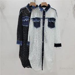 Women's Blouses Street Long Sun Protective Clothes 2024 Denim Stitching Lace Shirt Summer Thin Top Maxi Blusas