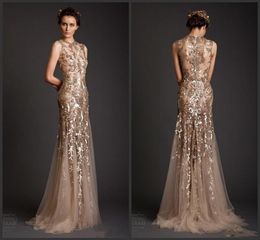 New Gold Mermaid Shape Tulle Sheer See Through Appliques Prom Dress Emboridery Long Formal Dubai Gowns Krikor Jabotian Evening Dre4314190