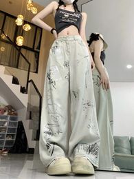 Women's Jeans American Hip-hop 2024 Spring/Summer Loose Pants For Women With Graffiti Unique Design High Waist Versatile Wide Leg