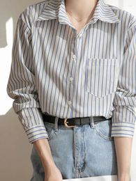 Women's Blouses Blue Striped Shirt For Women Office Ladies Professional Long Sleeve Turn Down Collar Blouse 2024 Fashion Designer Korean