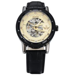 SEWOR Luxury Skeleton Mechanical Watch Golden Transparent Steampunk Clock Brand Men Leather Band Watch Relogio SWQ136142521173