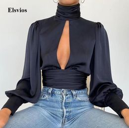 Turtleneck Satin Silk Women Blouse Sexy Hollow Out Backless Shirt Blouses Elegant Autumn Long Sleeve Pleated Ladies Tops Blusa8454201