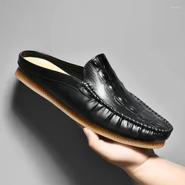 Casual Shoes Half For Men Mules Summer Luxury Designer Man Slides Slip On Flats Driving Leather Semi-Drag Loafers Slippers