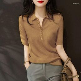 Women's Polos Polo Neck Shirt For Women Slim Knitted Plain Woman T Clothing Trend 2024 Sales Youthful Elegant Luxury Casual Tops Youth