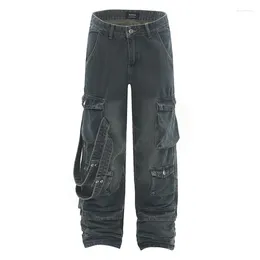 Men's Jeans Vintage Hip Hop Cargo Pants Multi Pockets Baggy Blue Denim Trousers For Male Straight