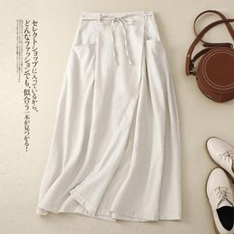 Skirts Limiguyue A-Line Midi Long Skirt Women Cotton Linen Spring Summer Vintage Elastic Waist Drawstring Split Pockets Chic U294