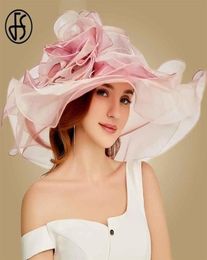 FS Pink Kentucky Derby Hat For Women Organza Sun Hats Flowers Elegant Summer Large Wide Brim Ladies Wedding Church Fedoras T2006029471012