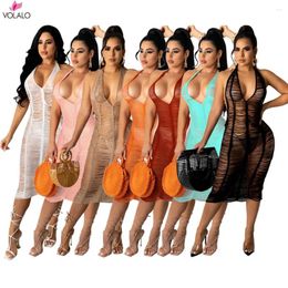 Casual Dresses VOLALO Women Knitted Maxi Beach Dress 2024 Summer Sexy See Through Lace Halter Backless Long Robe Swimsuit Cover Ups Outfits