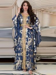 Ethnic Clothing Luxurious Women's Jalabiyat Moroccan Kaftan Abaya Dubai Print V-Neck Guipure Lace Tape Belted Dress Islamic Dresses For