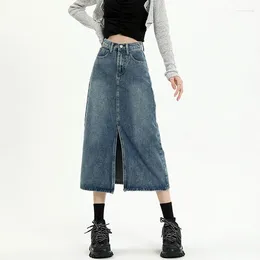 Women's Jeans Split Denim Half-body Skirt Female Spring And Fall 2024 Tide High-waisted Thin Short Retro Blue Medium-length