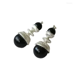 Stud Earrings Black Agate Round For Female Simple Minority Design Ethnic Style 925 Silver Ear Needle