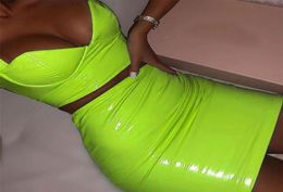 BKLD PU Leather 2 Two Piece Matching Sets Women Sexy Low Out Crop Tank Tops Bodycon Skirt 2020 Fashion Neon Green Summer Outfits T3593617