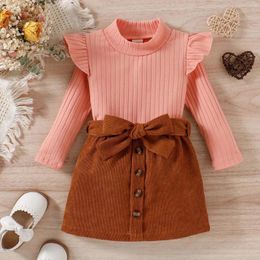 Clothing Sets Autumn Knit Kids Suits Children Outfits Winter Comfortable Warm Ruffles Tops Solid Bow Tie Skirt 2PCS Baby Girls Set