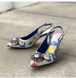 Free shipping 2024 diamond Stiletto high heels Pillage Pointed toes paisley Printed Rose flowers buckle sandals SHOES party wedding 35-41