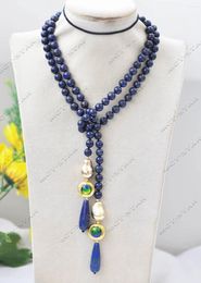 Pendant Necklaces Z13262 39'' 28mm Blue Drop Round Lapis-Lazuli Gold-Plated Pearl Necklace Custom Jewelry