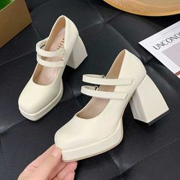 Dress Shoes Petite Womens White Magic Tape High Heels Comfortable Thick Heel Mary Jane Style No Tired Feet 2024 H240504