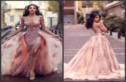 New Sexy Deep Vneck Arabic Mermaid Evening Dresses With Overskirts Lace Appliques Side Split Backless Prom Dress Tulle Red Carpet3974389
