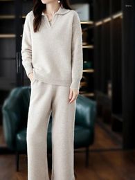Women's Two Piece Pants Cashmere Suit Female Lapel Korean Version Of Senior Casual Sweater Wide-Leg Wool Knitted Two-Piece