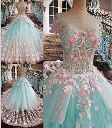 2020 Mint Green Sheer Jewel Princess Ball Gown Wedding Dresses Short Sleeve Pink Appliques Wedding Gowns For Sweet 15 vestidos de4338893