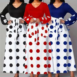 Plus Size Polka Dot Print Dress Elegant Ruffle Trim Long Sleeve Maxi Clothing 240422