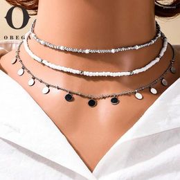 Choker Obega 3 PCS Korean Round Pendant Set Summer White Silver Colour Bead Necklaces For Women Simple Fashion Party Jewellery