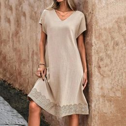 Party Dresses Summer Women Dress V Neck Short Sleeve Loose Lace Patchwork Pure Colour Knee Length Pullover Casual Daily Wear Midi