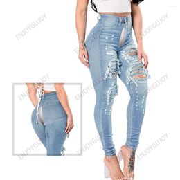 Women's Jeans High Waisted Invisible Open Crotch Outdoor Sex Damaged Hole Pencil Pants Small Foot Trousers