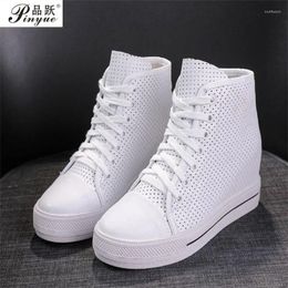 Casual Shoes 8cm Summertime Lace-up High-top Genuine Leather Ventilate Women Sneaker Increase Within Wedges 39