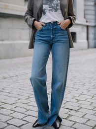 Women's Jeans 2024 Classic Blue Split Women Spring High Waist Button Up Pockets Straight Pants Female Casual Fashion Denim Trouser