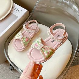 Sandals Girls National Style New Chinese Comfortable Soft-soled Shoes 2024 Casual Open-toed Pearl Girl Princess H240504