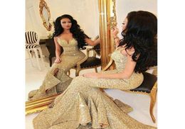 Custom Golden Sequined Mermai Mermaid Split Evening Dresses 2021 Spaghettis Straps Sweep Train Plus Size Prom Gowns6935931