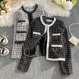 Women's Autumn new fashion o-neck long sleeve houndstooth grid plaid tweed woolen short OL jacket coat casacos plus size ML 277r