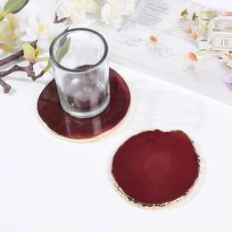 Decorative Figurines Round Shape Slice Electroplated Gold Edge Craft Pad Red Agate Natural Stone Crystal Cup Beverage Holder Mat