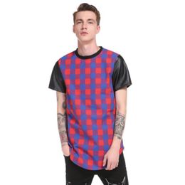 Men's T-Shirts Men T Shirt Hip Hop High Street Long Plaid Sleeve Scalloped Leather Side Zipper Short T-shirt 272A