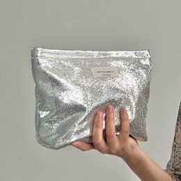 Simple Shiny Sequins Silver Clutch Cosmetic Handbag Makeup Bag Portable Women Toiletries Skincare Storage Organizer Pouch 240429