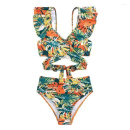 Women's Swimwear 2Pcs/Set Bikini Set Adjustable Straps High Waist Ruffle Decor Swimsuit Backless Design V-Neck Top With Chest Pads Split