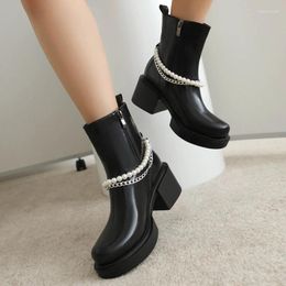 Boots Bright Patent Leather Women Flat Short Pearls Metal Chain Girl's Shoes Low Square Heels Big Size 45 Ankle Booty