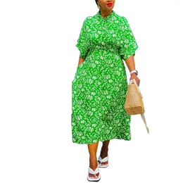 Ethnic Clothing Long African Shirt Dress Women Short Sleeve Corset Turn Down Collar Robes 2024 Fashion Print Streetwear Casual