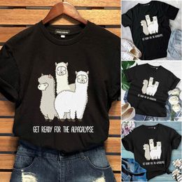 Women's T-Shirt Cute Alpaca Printed Llama Cotton T Shirt Women Summer Short Sleeve Graphic Tops Oversize Round Neck Tumblr Funny Animals Tsh 284f