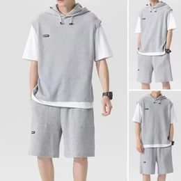 Fake Two Pieces Outfit Mens Casual Sport Set with Hooded Drawstring Top Elastic Waist Shorts Waffle Texture for Active 240426