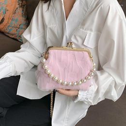 Shoulder Bags Romance Feeling Handbag 2024 Fashion Crossbody For Women Metal Frame Girlish Bag Pearl Beading Girl Messenger