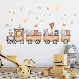 Nordic Cartoon Animals Wall Stickers for Kids Rooms Girls Boys Baby Room Decoration Giraffe Elephant Train Birds Star Wallpaper 240429