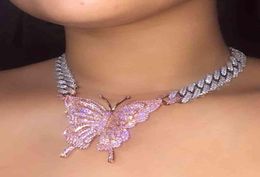 Fashion Necklaces 15mm Iced Out Bling Cuban Link Chain Rose Gold Pink Butterfly Necklace Silver Color 2row Cz Choker Women Hip Hop5472259