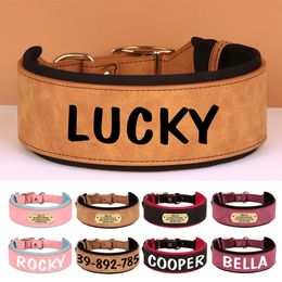 Wide Personalised Dog Collar PU Leather Customised Dogs Tag Collars Soft Pet for Small Medium Large Pitbull Buldog 240418