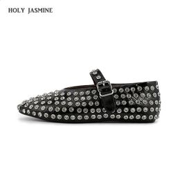Size 34-43 Women Sparkly Crystals Flats Shoes Mary Janes Ballet Real Leather Heels Shoes Ins Fashion Spring Casual Daily 240428