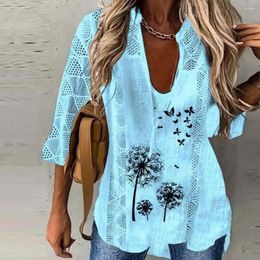 Women's T Shirts Women Casual T-shirt Hollow Out Rhombus Dandelion Print U Neck Three Quarter Sleeve Loose Breathable Top Female Blusas