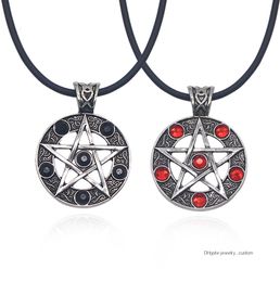 Anime Kuroshitsuji Pentagram Pendant Necklace Red Black Crystal Round Leather Chain Necklaces Unisex Cosplay Jewellery Colar9756910